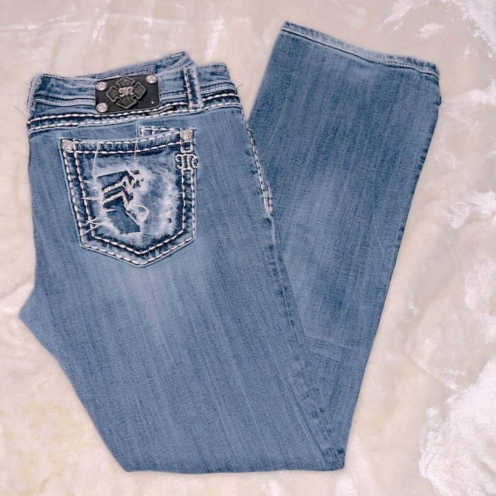 MISS ME 👖 DISTRESSED DESTROYED RIPPED THICK STITCH BOOTCUT JEANS Women 36/18 L33 - Picture 8 of 14